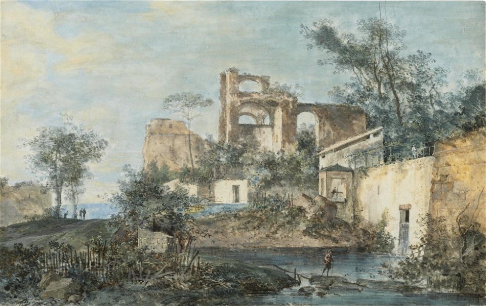 Attribuée à Louis-Gabriel Moreau - Un paysage italienne avec des ruines, un voyageur par une flaque d'eau au premier plan