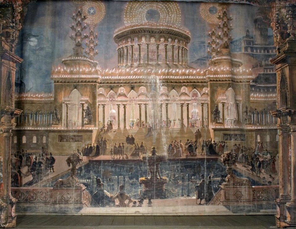 Louis Jean Desprez - Kuliss till Trägård till Christina”, fondvägg, illuminerat palats, terrasser och fontän - NMGrh 3819 - Nationalmuseum