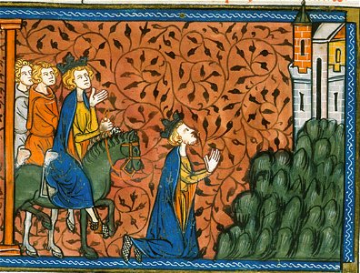 Louis IX on pilgrimage to Nazareth, from Chroniques de France ou de St Denis, 14th century (22528526100). Free illustration for personal and commercial use.