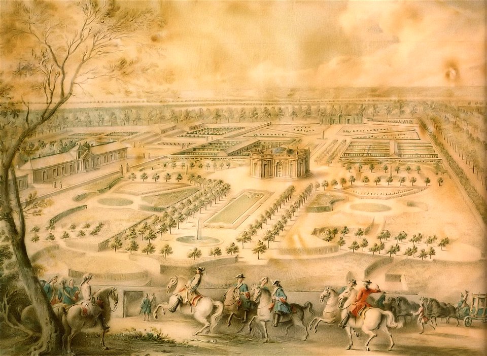 Louis XV en vue des jardins de Trianon, de la ménagerie domestique et des basses-cours, du Pavillon français et du portique de treillage - Jacques-André Portail - v.1750 - CRCV