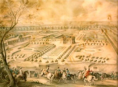 Louis XV en vue des jardins de Trianon, de la ménagerie domestique et des basses-cours, du Pavillon français et du portique de treillage - Jacques-André Portail - v.1750 - CRCV