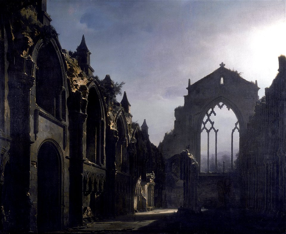 LOUIS JAQUES MAND DAGUERRE - The Ruins of Holyrood Chapel (Walker Art Gallery, Liverpool, c. 1824. Óleo sobre lienzo, 211 x 256.3 cm)