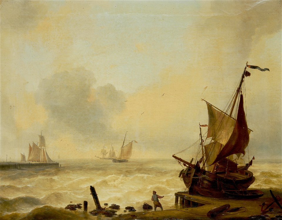 Louis Verboeckhoven - Small boats struggling in a heavy swell