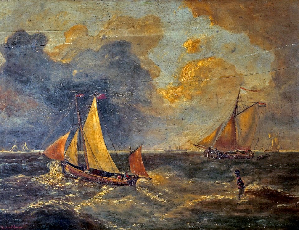 Louis Verboeckhoven - Fishing boats in choppy seas