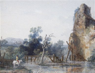Louis-Gabriel Moreau - Un paysage rocheux avec un cavalier à gué un cours d'eau