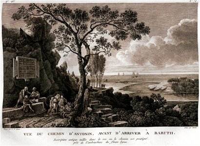 Louis-François Cassas, Vue du Chemin D'Antonin, avant d'Arriver a Baruth (showing the Nahr El Kalb inscriptions)