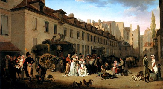 Louis-Léopold Boilly - The Arrival of a Stage-coach in the Courtyard of the Messageries - WGA02356. Free illustration for personal and commercial use.