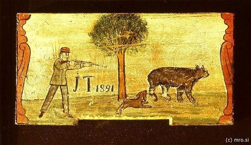 Lovec strelja medveda (panjska končnica, 1891)