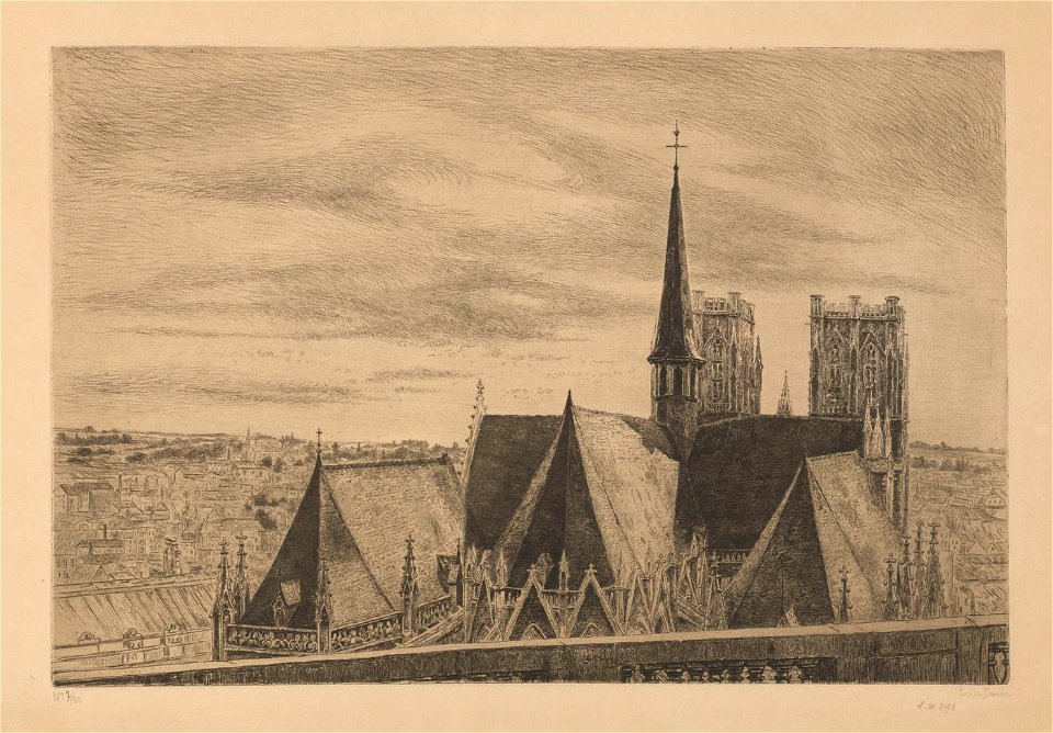 Louise Danse - Les toits de l'église Sainte Gudule à Bruxelles - Graphic work - Royal Library of Belgium - S.III 8178