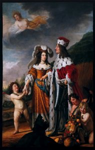 Louise Henriette leads Friedrich Wilhelm, Elector of Brandenburg, to her parents, by Gerard van Honthorst. Free illustration for personal and commercial use.