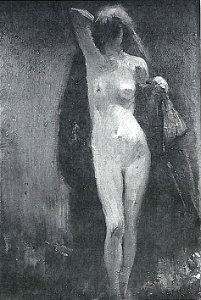 Lovis Corinth BC 26 Akt mit rotem Mantel 1885 sw