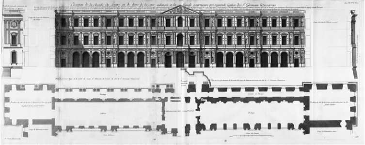 Louvre - Élévation de la façade de la cour adossée à la facade extérieure qui regarde l'église de St Germain l'Auxerrois - Architecture françoise Tome4 Livre6 Pl17