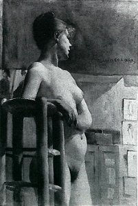 Lovis Corinth BC 29 Weiblicher Akt mit Atelierschemel 1885 sw