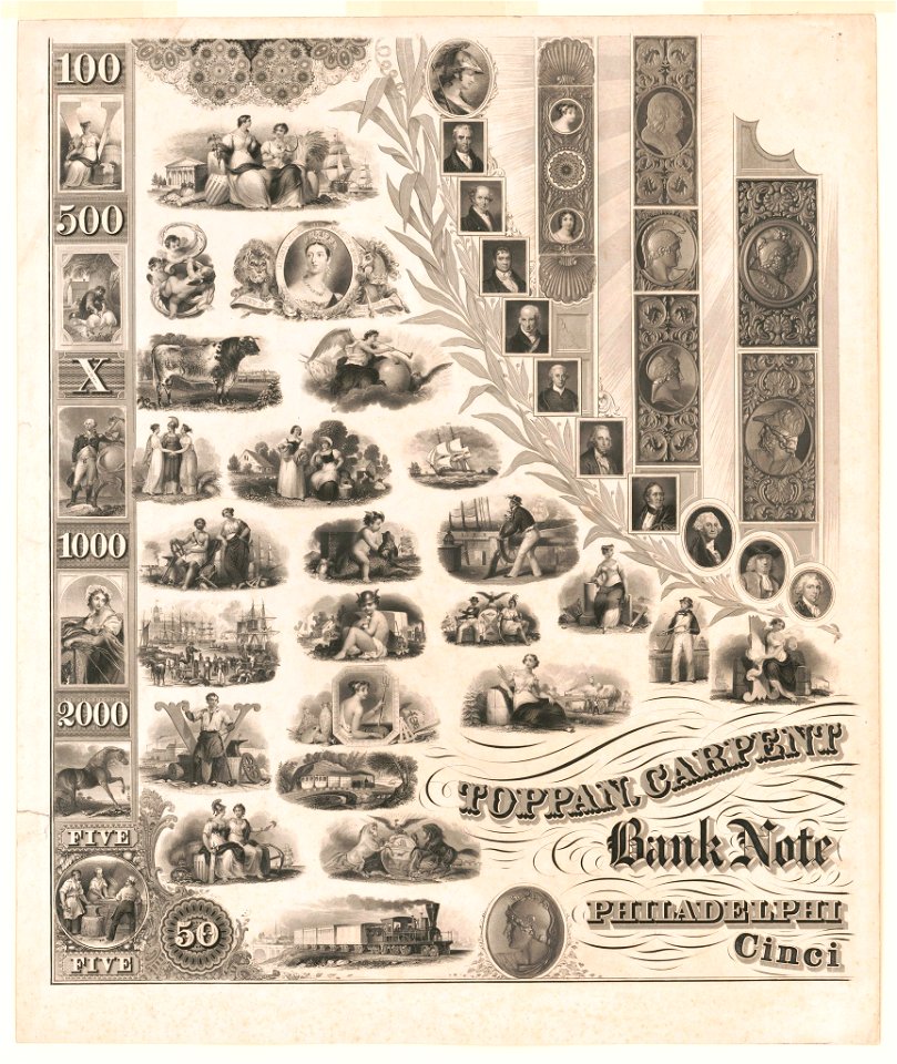 Lower left quarter of specimen sheet for Toppan, Carpenter & Company bank-note engravers LCCN2003690910