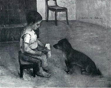 Lovis Corinth BC 80 Kind mit Butterbrot und Hund sw