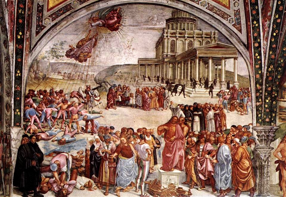 Luca signorelli, cappella di san brizio, predica e punizione dell'anticristo 01