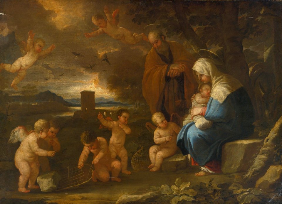 Luca Giordano The Holy Family with Putti making birdcages in a landscape