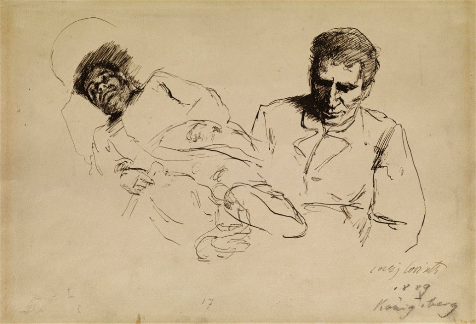 Lovis Corinth Tuschskizze Mnnliches Halbportrait und Nach links liegender Mann