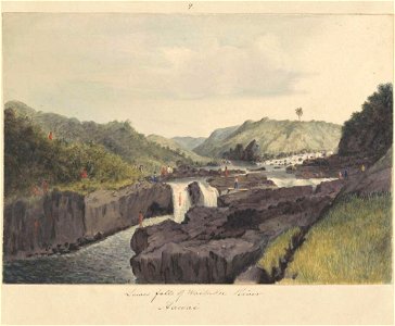 Lower falls at Wailuka River, Hawaii, 1855, watercolour by James Gay Sawkins