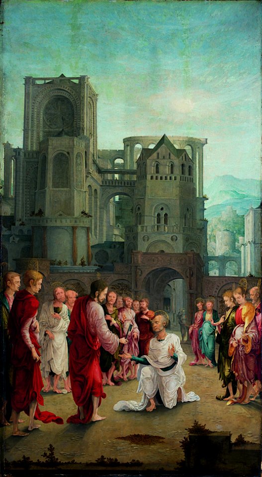 Lower Rhenish pupil of Wolf Huber - Christ Hands the Keys Over to St. Peter - Google Art Project