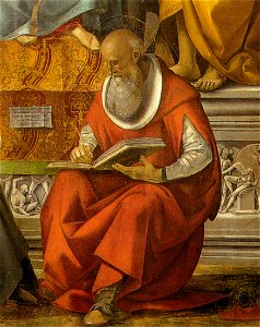 Luca signorelli, vergine in trono e santi, volterra, dettaglio san girolamo. Free illustration for personal and commercial use.