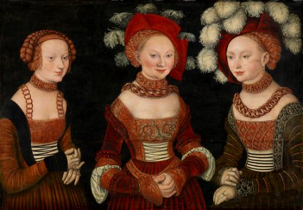 Lucas Cranach d. Ä. - Die Prinzessinnen Sibylla (1515-1592), Emilia (1516-1591) und Sidonia (1518-1575) von Sachsen - GG 877 - Kunsthistorisches Museum. Free illustration for personal and commercial use.