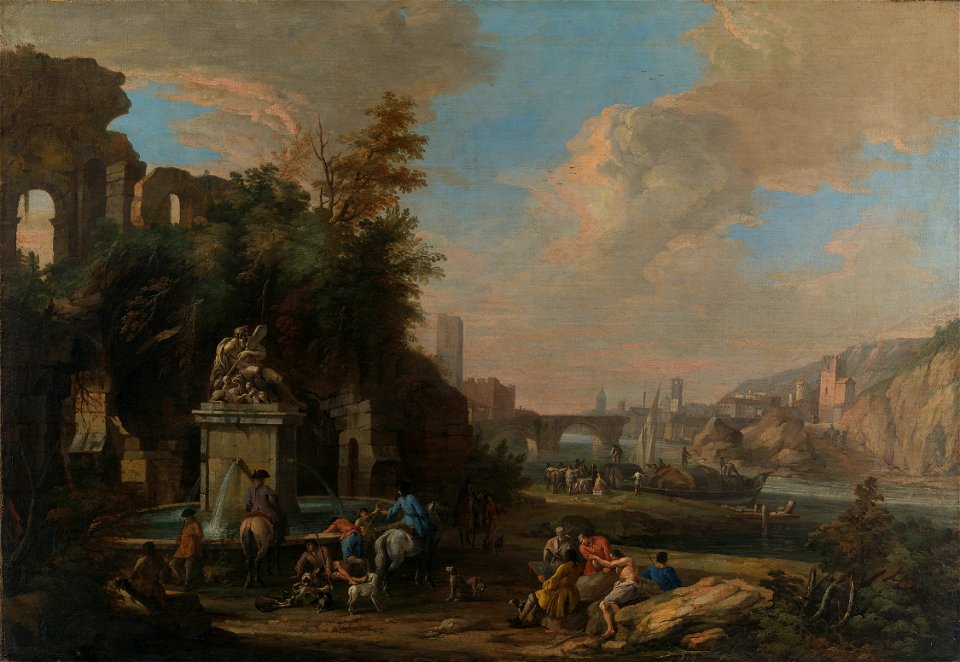 Luca Carlevarijs (Udine 1663-Venice 1730) - A Caprice Landscape with a Fountain and an Artist Sketching - RCIN 405316 - Royal Collection