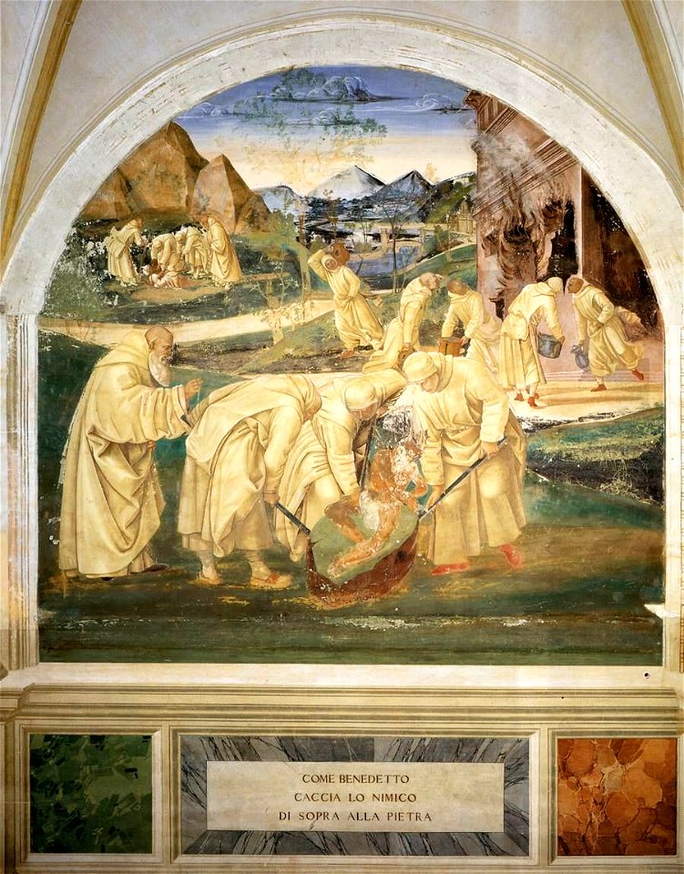 Luca Signorelli - Life of St Benedict, Scene 23 - Benedict Drives the Devil out of a Stone - WGA21272