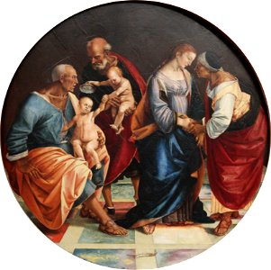 Luca Signorelli - Holy Family with Zacharias, Elisabeth and little John - Gemäldegalerie Berlin. Free illustration for personal and commercial use.