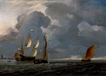 Ludolf Backhuysen I (1630-1708) (style of) - Two Dutch Vessels and a Flagship Under Sail in a Harbour - BHC0915 - Royal Museums Greenwich