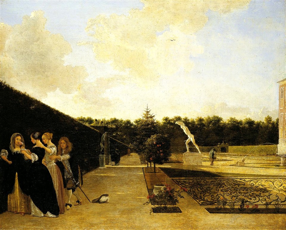 Ludolf de Jongh (Rotterdam 1616-Hillegersberg 1679) - A formal Garden, three Ladies surprised by a Gentleman - RCIN 400596 - Royal Collection