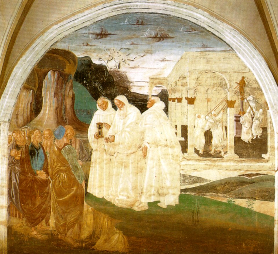 Luca signorelli, storie di san benedetto a monteoliveto, evangelizzazione degli abitanti di montecassino