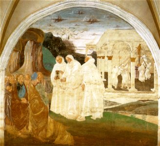 Luca signorelli, storie di san benedetto a monteoliveto, evangelizzazione degli abitanti di montecassino