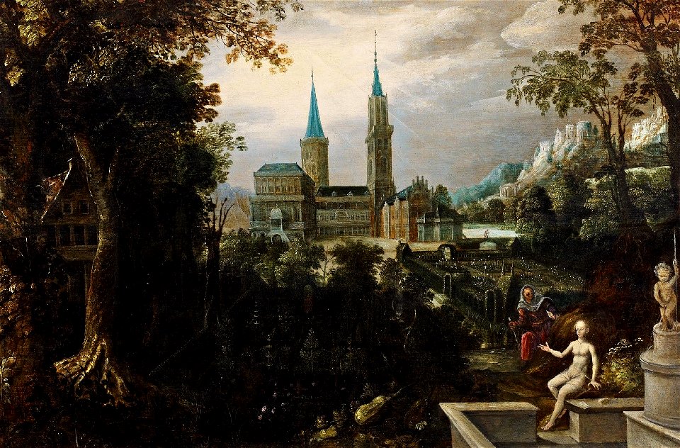 Lucas van Valckenborgh (Umkreis) Bathseba am Brunnen in Parklandschaft