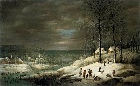 Lucas van Uden - Winter Landscape with Hunters - WGA23251. Free illustration for personal and commercial use.
