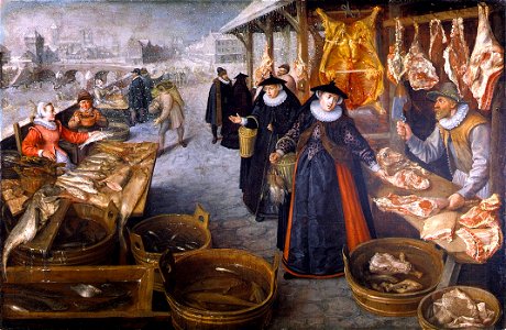 Lucas van Valckenborch - Meat and Fish Market (Winter). Free illustration for personal and commercial use.