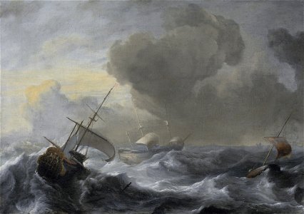 Ludolf Bakhuizen - A threemaster with the Amsterdam coat-of-arms, with other vessels, in a storm