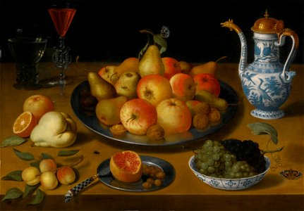 Lucas Luce Still Life of Pears and Apples On a Pewter Plate, a Bowl of Grapes In
