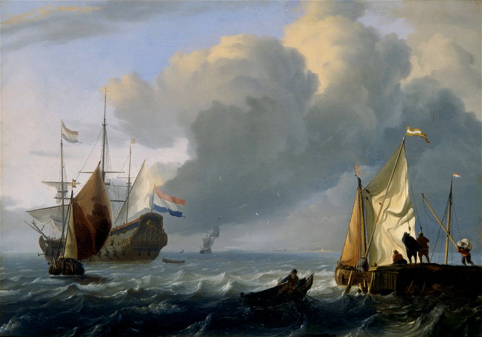 Ludolf Bakhuizen - Hollandse driemaster en andere schepen voor de kust, rechts een aanlegsteiger waar schepen geladen worden - 13 - Kunsthalle Bremen