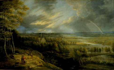 Lucas van Uden - Landscape with rainbow, shepherds and sheep - A IV 3454 - Finnish National Gallery. Free illustration for personal and commercial use.