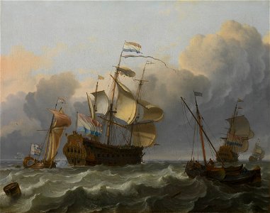 Ludolf Bakhuizen - A Dutch Flagship with a Yacht Under Her Stern. Free illustration for personal and commercial use.