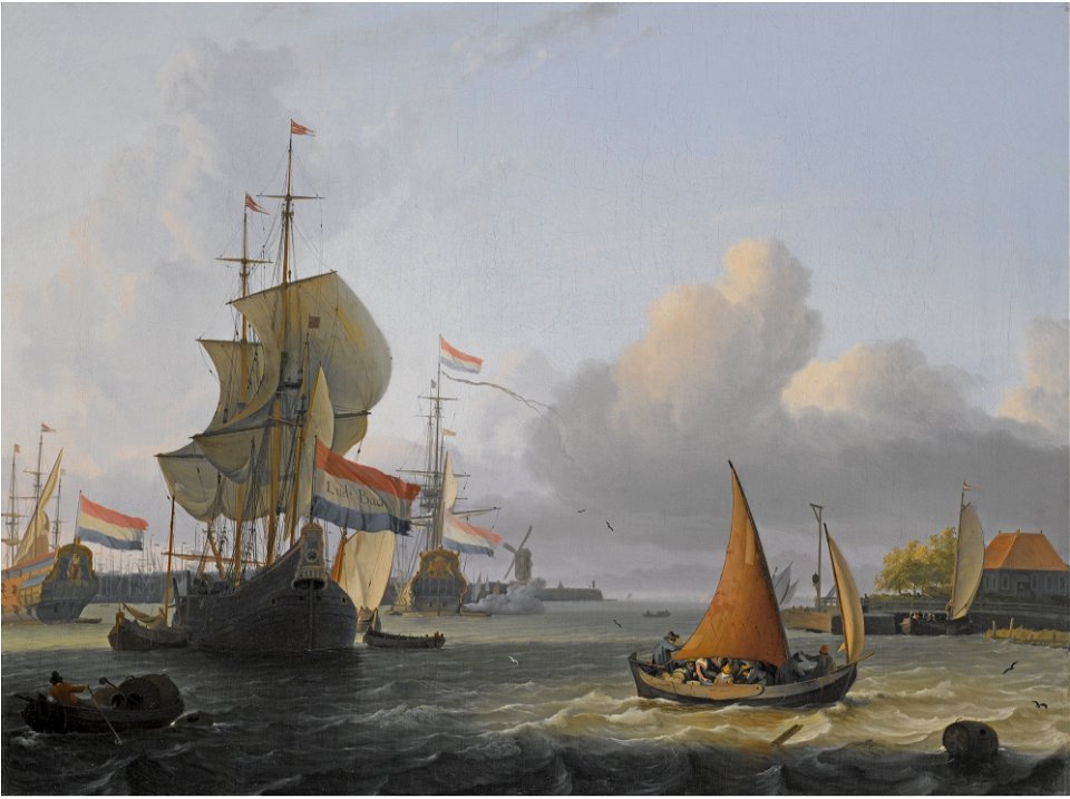 Ludolf Backhuysen - Shipping on the IJ in Amsterdam with Windmill 'De Bok' on the bulwark Leeuwenburg or Blauwhoofd L10033-33-lr-1