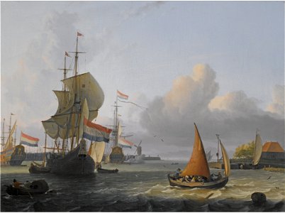 Ludolf Backhuysen - Shipping on the IJ in Amsterdam with Windmill 'De Bok' on the bulwark Leeuwenburg or Blauwhoofd L10033-33-lr-1
