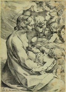 Ludovico Carracci - A Virgem e o Menino Jesus cercado por anjos. Free illustration for personal and commercial use.