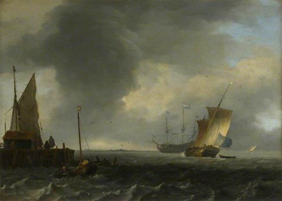 Ludolf Bakhuizen - Schepen op de rede van een stad, links een aanlegsteiger waarop enige mensen staan - NG1000 - National Gallery