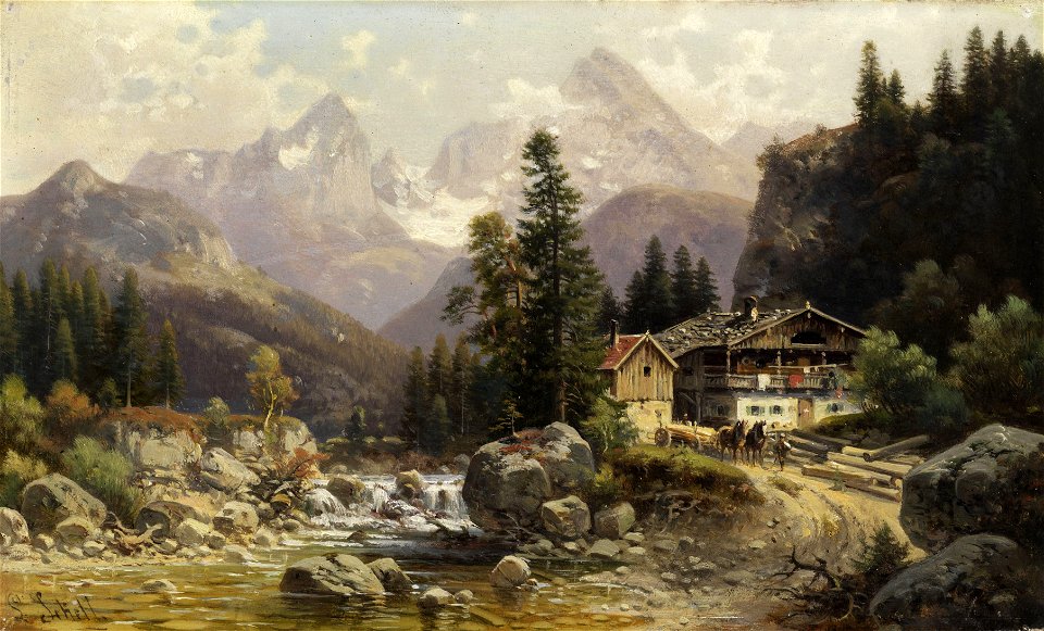Ludwig Sckell Alpenlandschaft mit Mühlengebäude