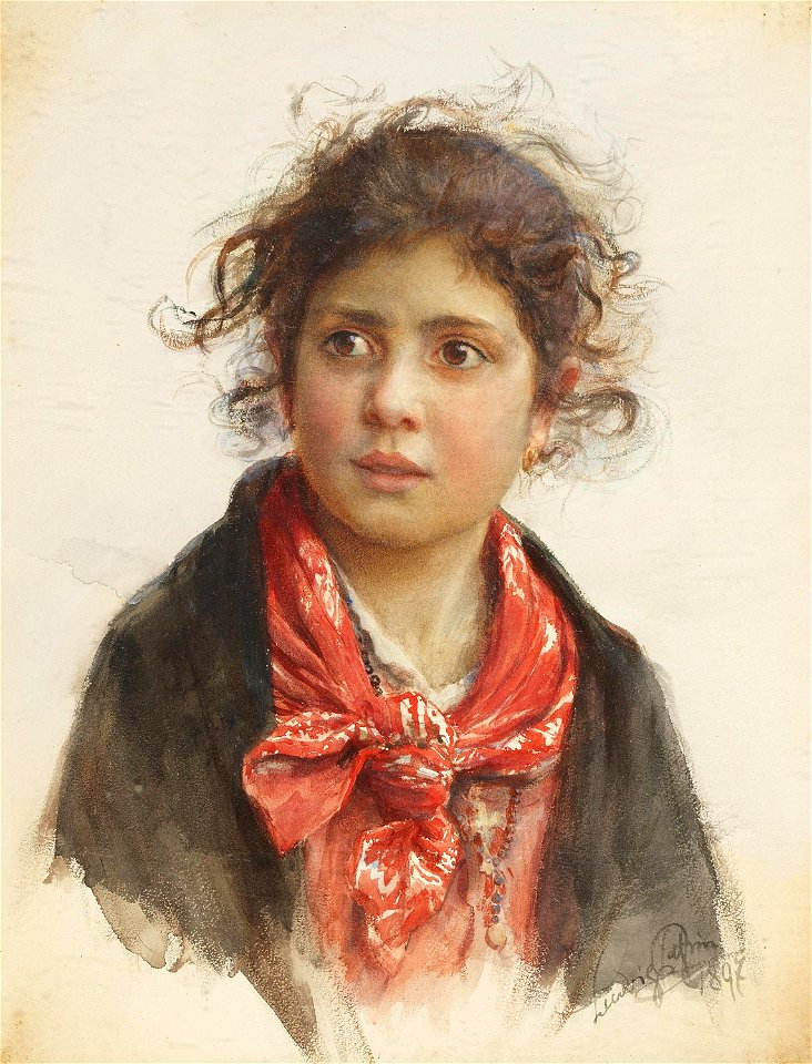 Ludwig Passini - Bildnis eines scheuen Mädchens mit rotem Halstuch und zerzausten Locken