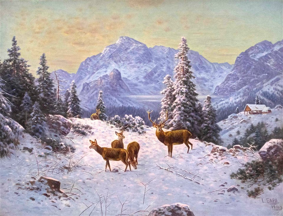 Ludwig Skell Hirsch mit Rudel im Winter