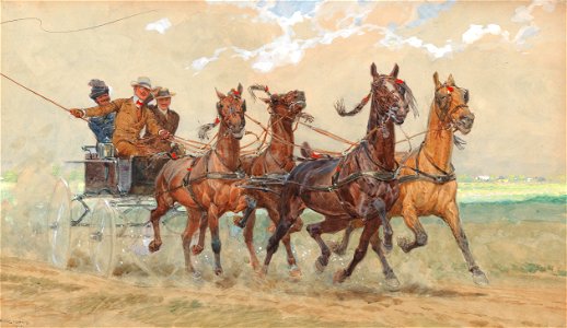 Ludwig Koch - A four-in-hand in galopp, three sportive gentleman on a coach