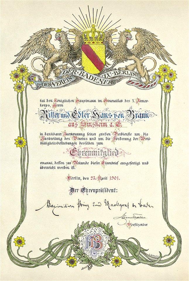 Ludwig Sütterlin Urkunde Verein der Badener zu Berlin